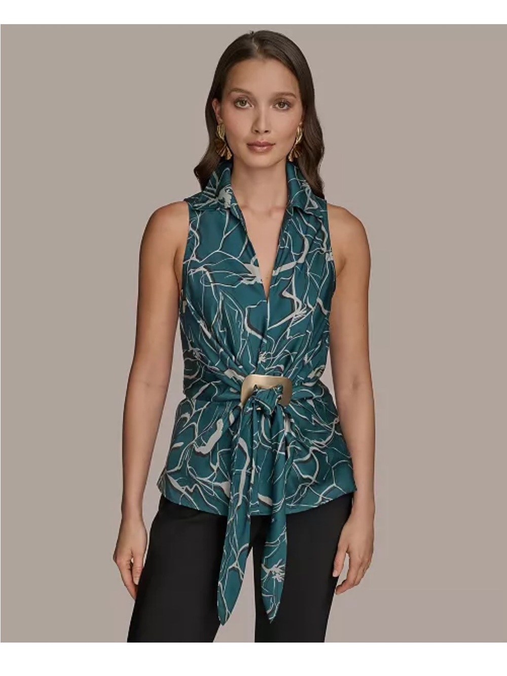 Donna Karan New York Women's Printed Sleeveless Faux-Wrap Hardware Top sz 6 NWT